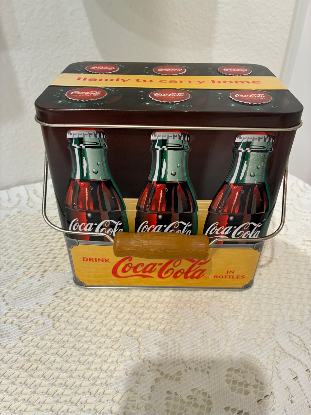 Vtg 1999 Coca-Cola Metal Bottle Carrier Tin – Red, Green, Yellow W/Handle